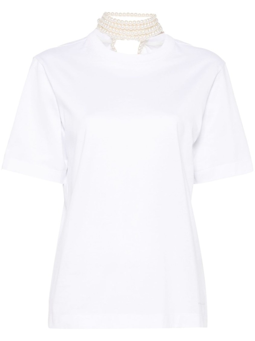 Shop Carven Faux Pearl-embellished White Cotton T-shirt