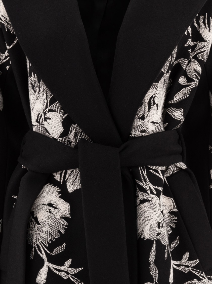 Elie Saab Wool Coat Embroidered Belt Floral Long Shawl In Black