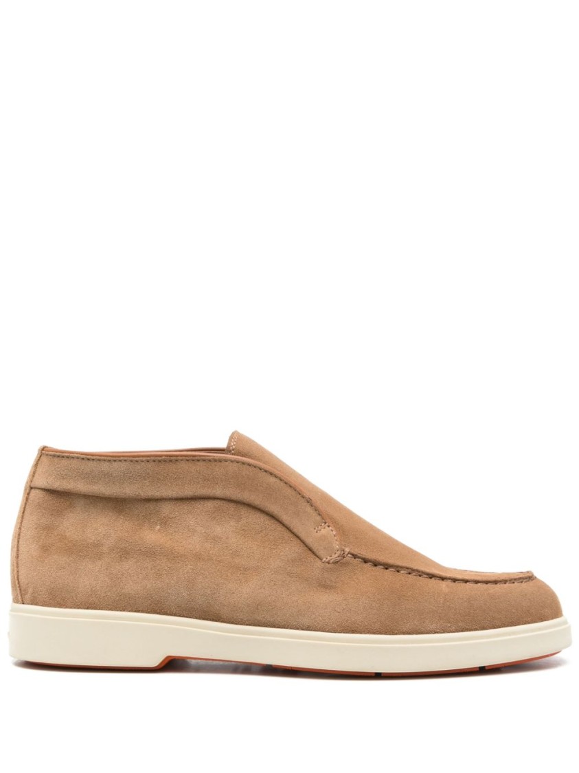 Santoni Suede Finish Flat Shoes With Minimalist Silhouette In Brown