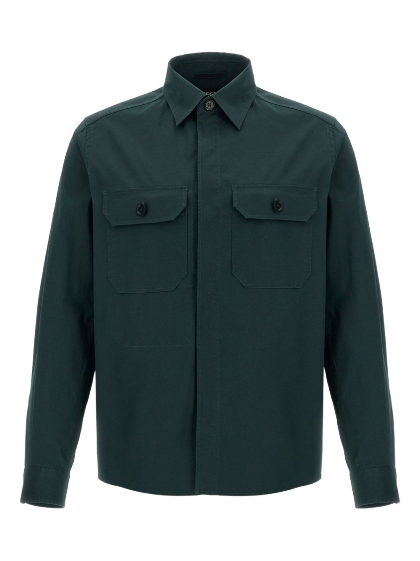 Shop Zegna Green Cotton Shirt With Concealed Front And Dual Chest Pockets