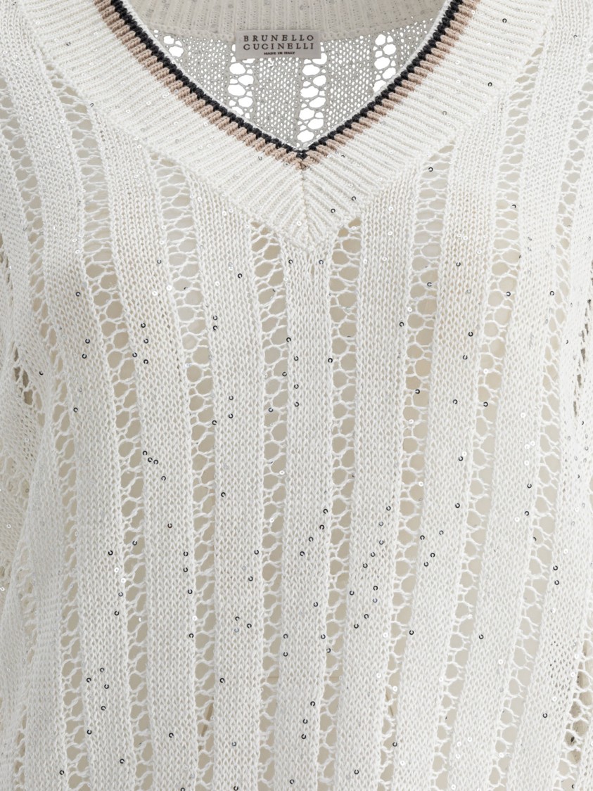 Brunello Cucinelli Open-knit Sweater With Vertical Stripes In White