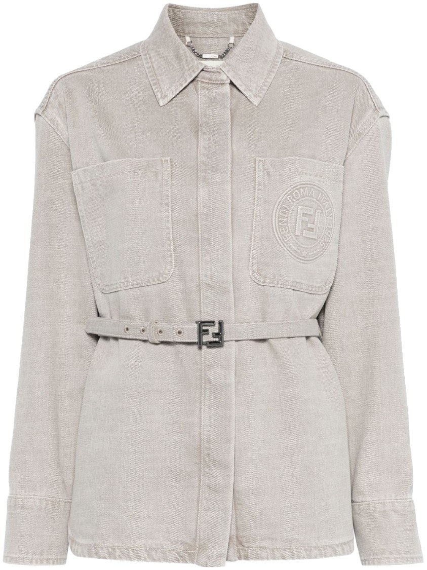 Fendi Beige Denim Jacket With Concealed Closure In Gray