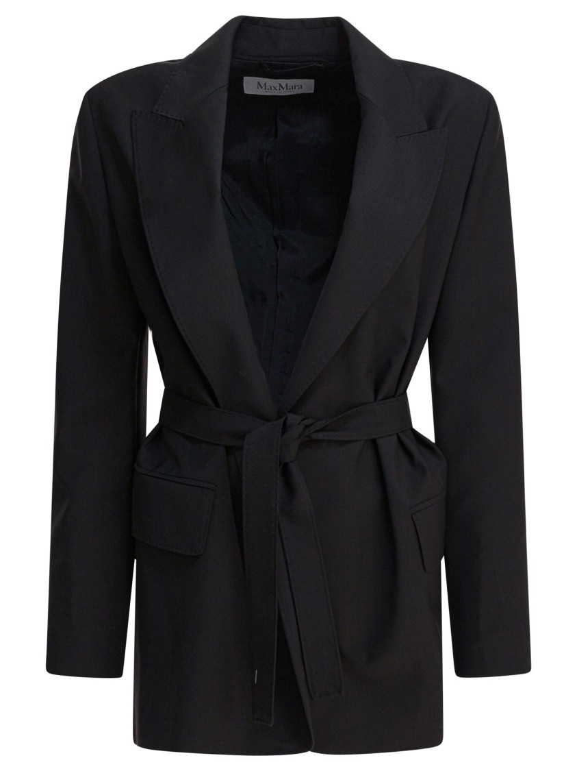 Max Mara Waist Belted Flap Pockets Notched Lapels In Black