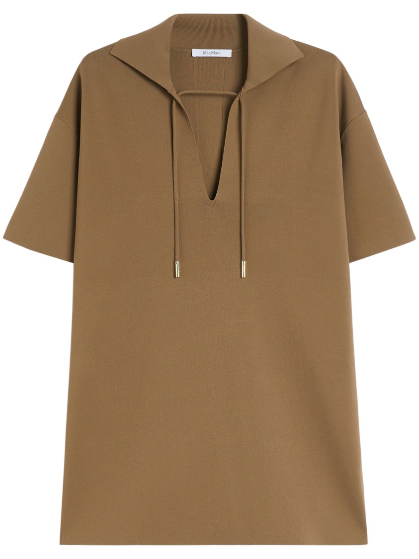 Max Mara Relaxed Fit Deep V-neck Brown Top With Drawstring Details In Brown