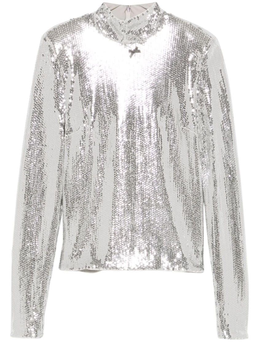 Rotate Birger Christensen High-collar Sequinned Top In Silver