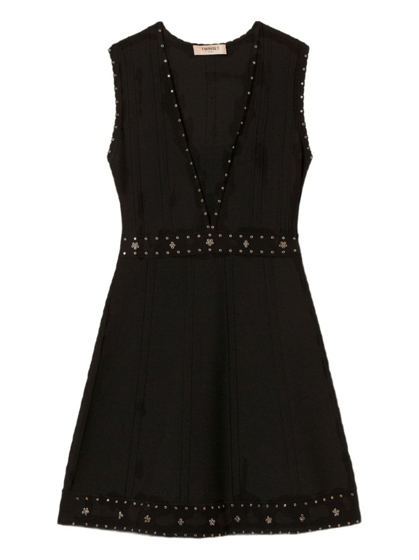 Twinset Twin-set Sleeveless Mini Dress With Deep V-neckline And Decorative Studs In Black
