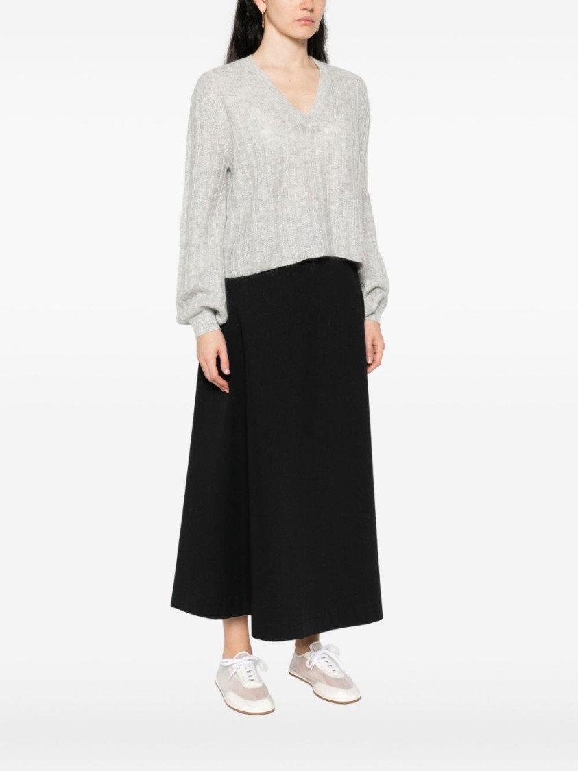 Twinset Twin-set Cropped V-neck Sweater With Balloon Sleeves And Textured Knit In Gray
