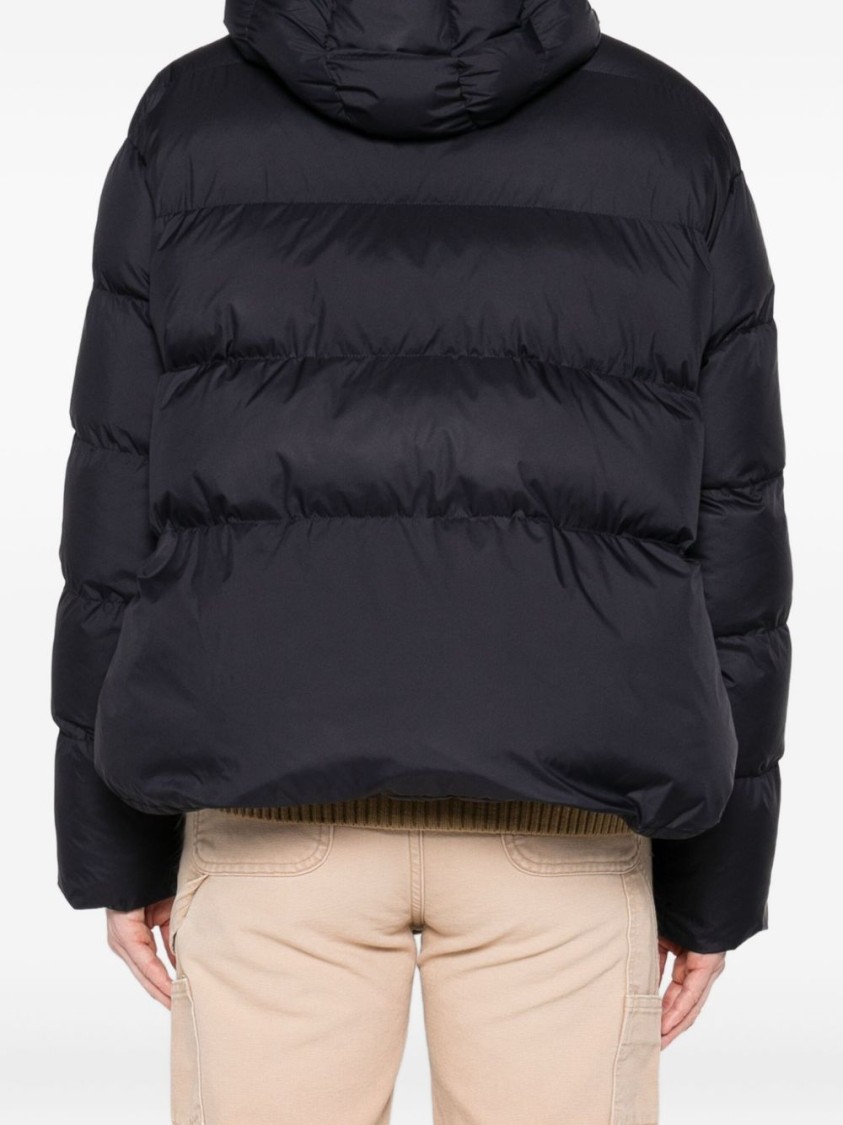 Pinko Cropped Navy Blue Quilted Coat With High Neck And Logo Patch In Blue