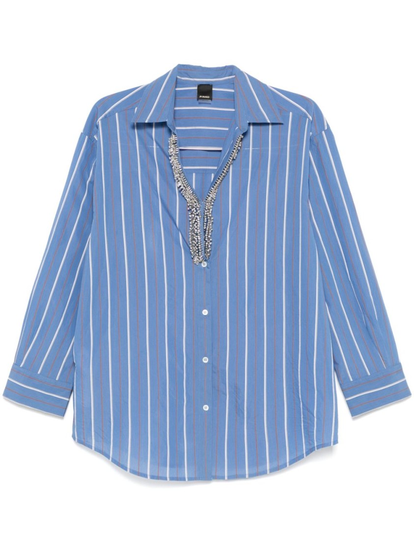 Shop Pinko Blue And White Striped Shirt With Embellished Neckline