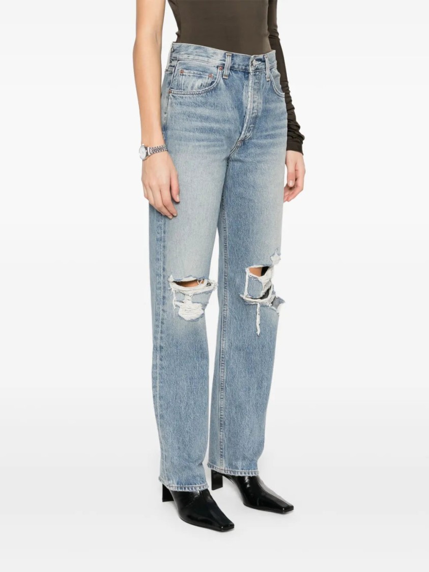 Shop Agolde Distressed Indigo Blue High-waisted Kelly Jeans