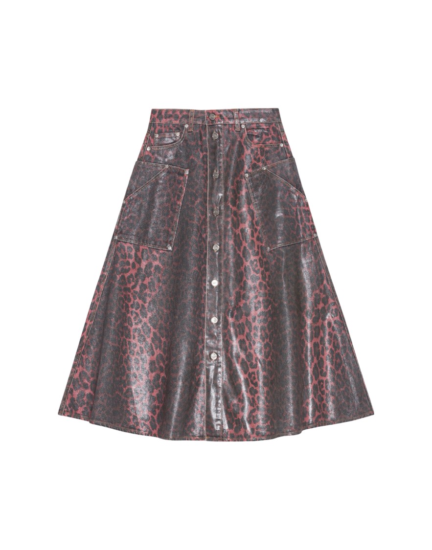 Ganni Leopard Print Foil Denim Midi Skirt In Multi