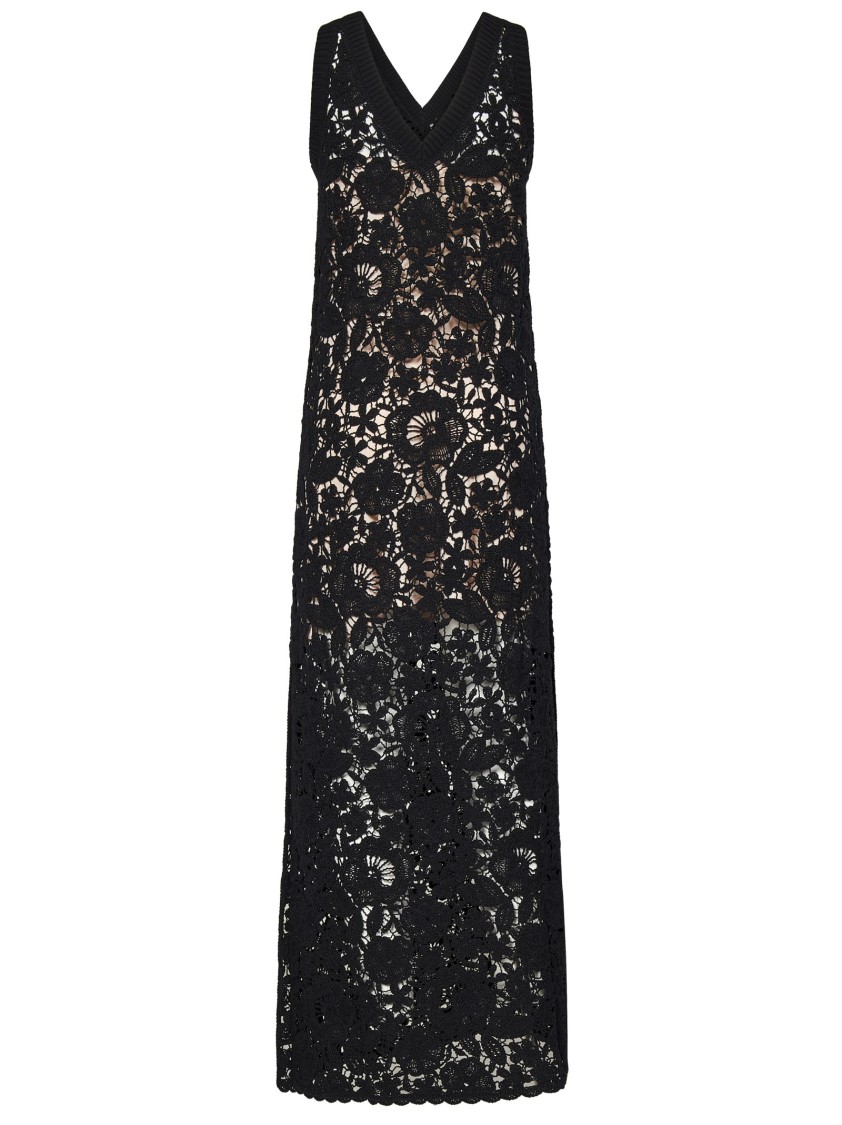 P.a.r.o.s.h Parosh Long Black Cotton Crochet Lace Dress With V-neckline In Black