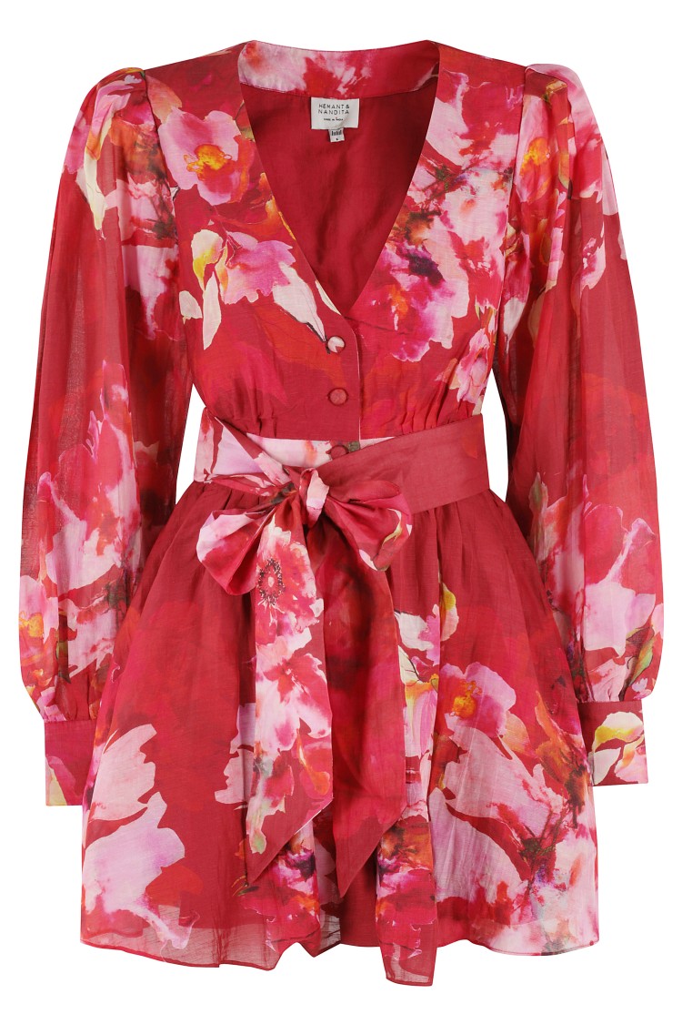 Hemant & Nandita Short Dress With Tie Up Belt In Red