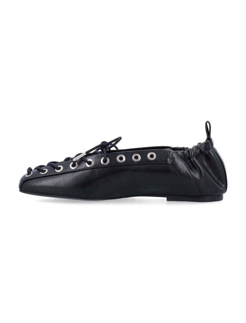Ganni Black Lace-up Ballerinas With Metal Eyelets And Elasticized Ankle In Eco-leather Woman In Black