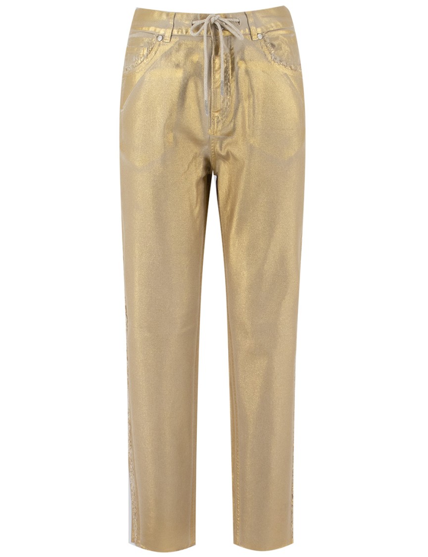 Panicale Fringe-detailed Gold Viscose Trousers With Drawstring Waist In Gold