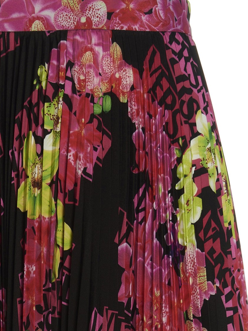 Versace Pleated Skirt With All-over Orchid Print In Burgundy