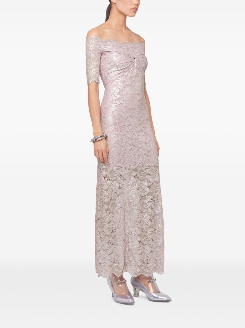 Rabanne Off-the-shoulder Twist-front Metallic Lace Maxi Dress In Silver
