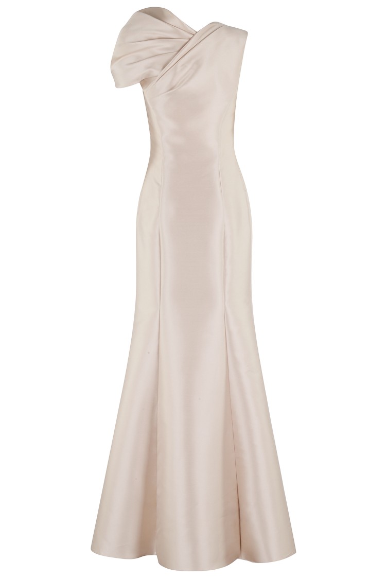 Alberta Ferretti Twisted Shoulder Mikado Mermaid Gown In Neutrals