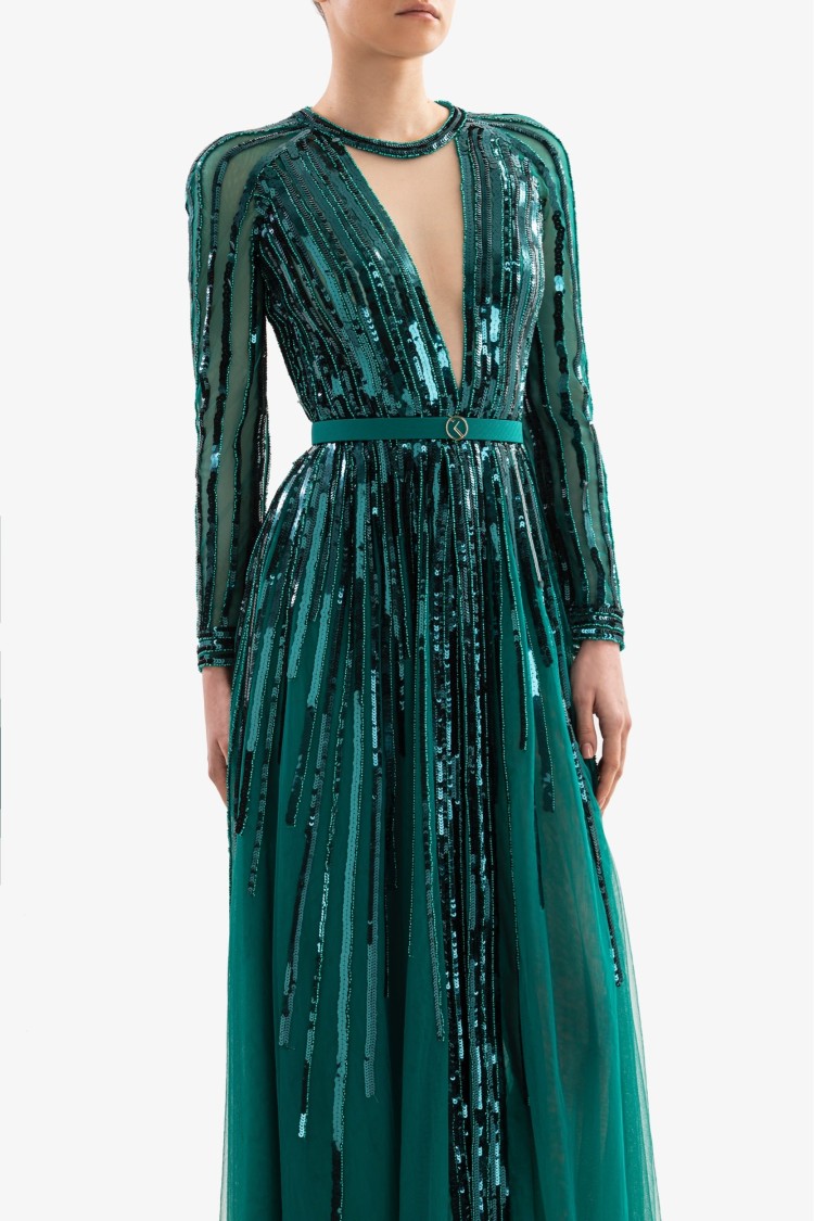 Saiid Kobeisy Sequin Long Sleeved Gown In Green