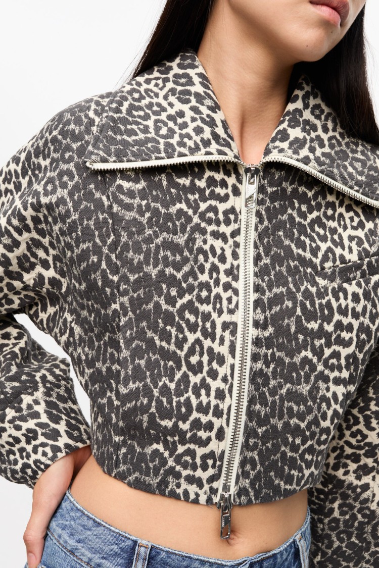 Ganni Leopard Print Cropped Jacket With Curved Sleeves In Animal Print