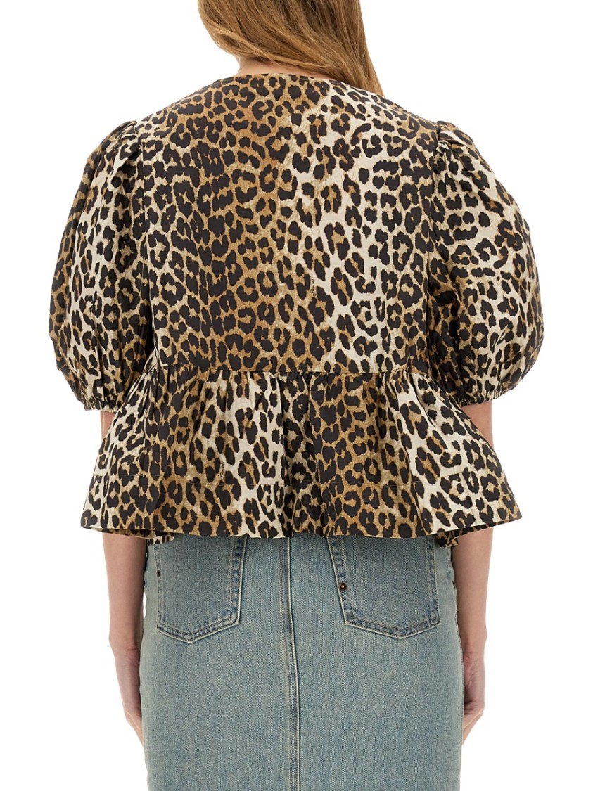 Ganni Multicolor Blouse With Front Tie Closure And All-over Leopard Motif In Cotton Woman In Brown