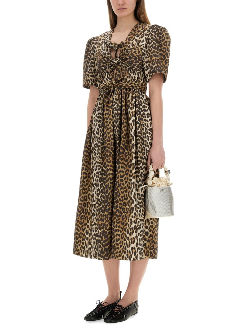 Ganni Belted Bow-embellished Leopard-print Cotton-poplin Midi Dress In Brown
