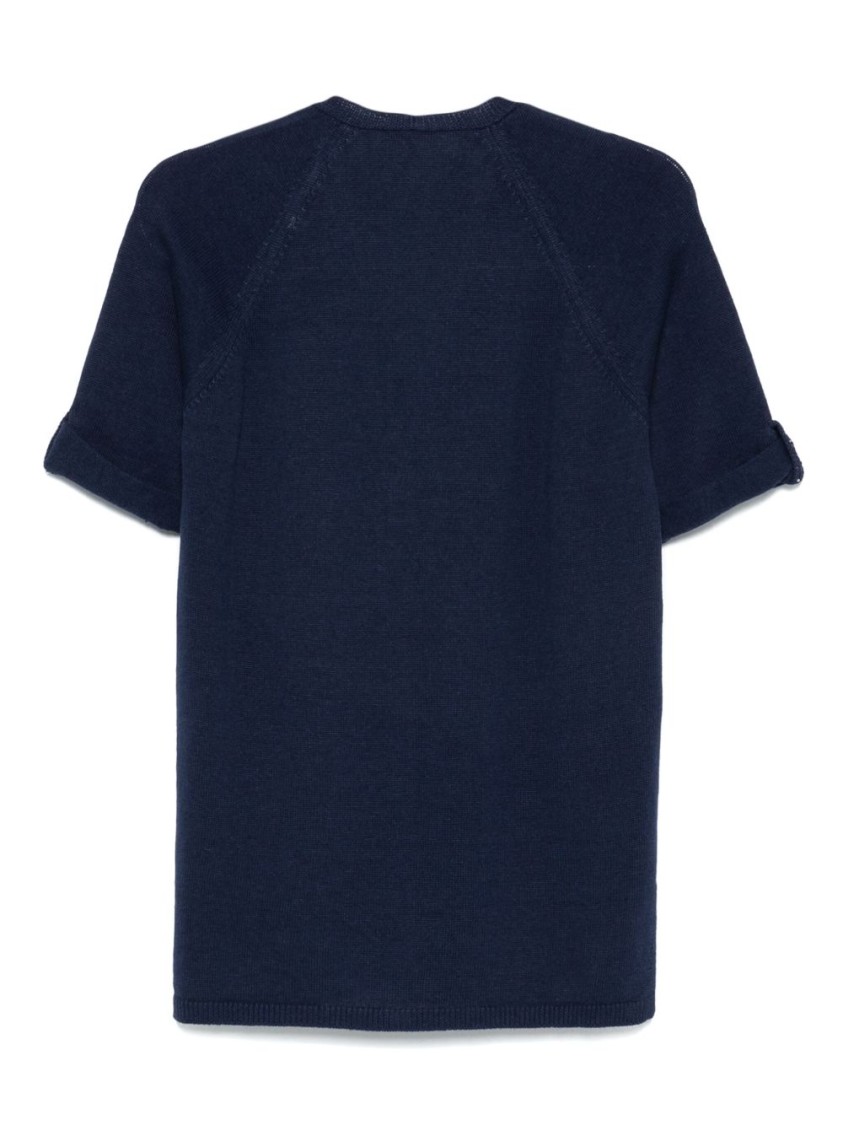 Le Tricot Perugia Short-sleeved Blue Cardigan With Hidden Closure In Blue
