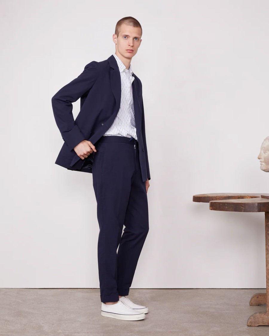 Officine Generale Plain Front Pants With Grosgrain Drawstring In Blue