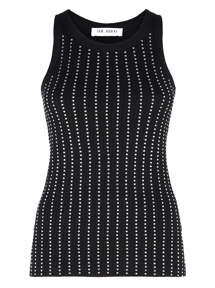 Attico Fitted Black Cotton Top With All-over Paillettes