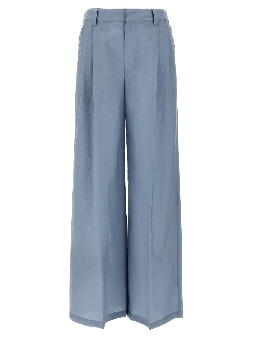 Brunello Cucinelli Wide-leg Cotton Blend Trousers With Pleated Front In Blue