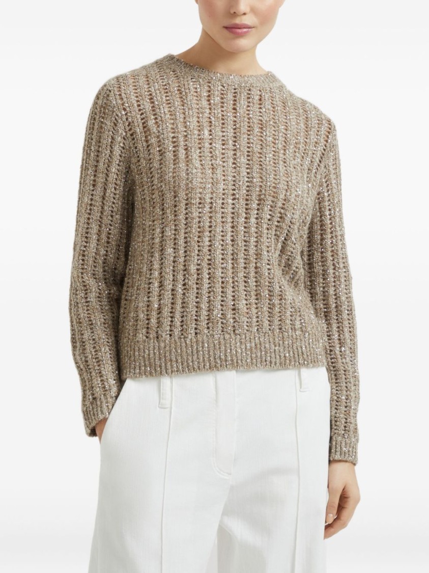 Brunello Cucinelli Textured Ribbed Sweater With Shimmering Threads In Brown