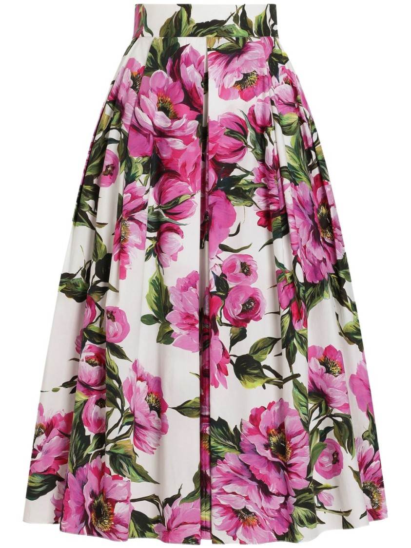 Dolce & Gabbana Pink Circle Midi Skirt With All-over Peony Motif In Multicolor
