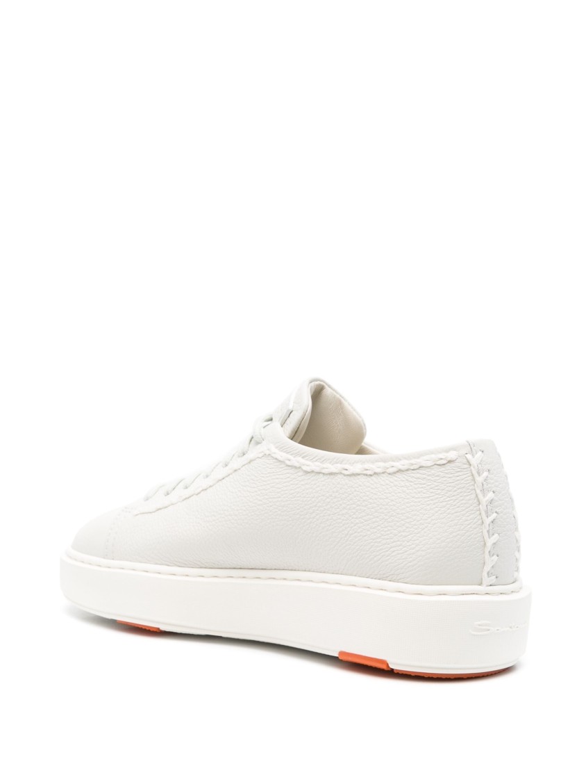 Santoni White Cow Leather Trainers With Textured Upper In White