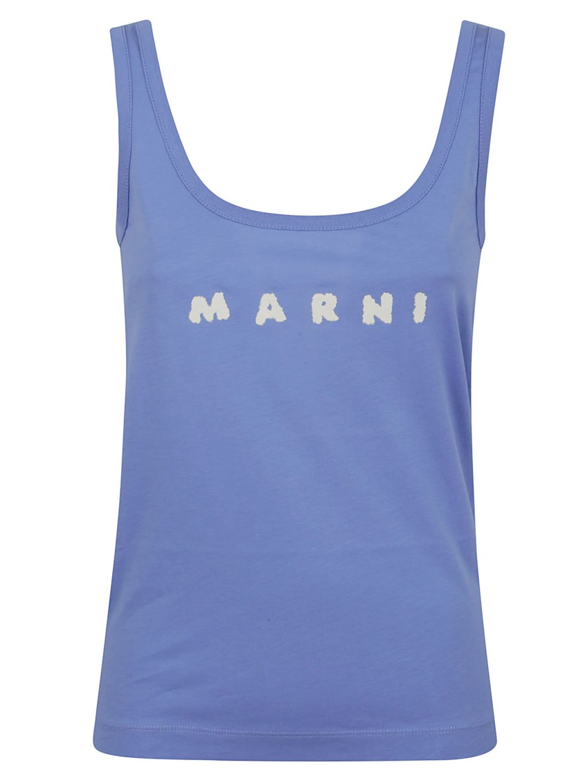 Shop Marni Contemporary Blue Cotton Tank Top With Brushstroke Logo