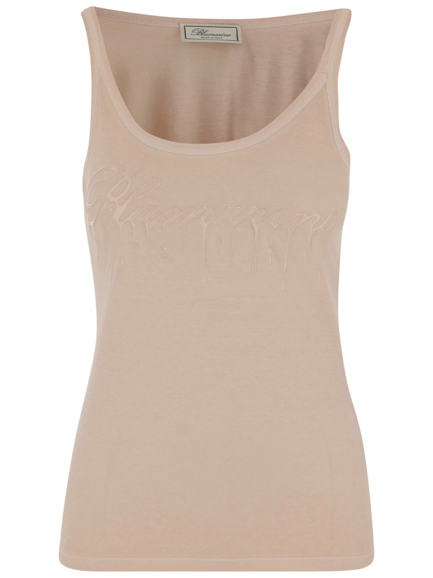 Blumarine Jersey Top With Cast-effect Logo In Neutrals