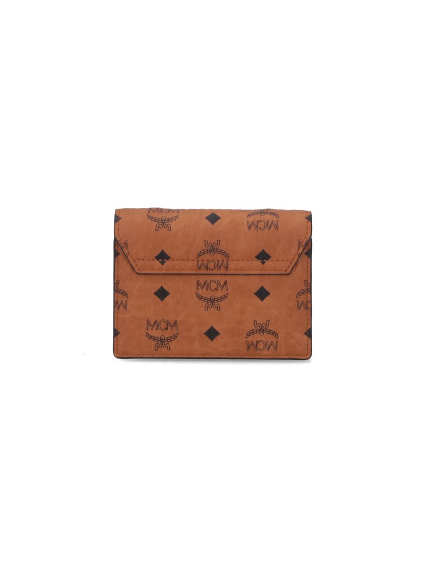 Mcm Logo Print Brown Wallet With Chain Strap In Brown