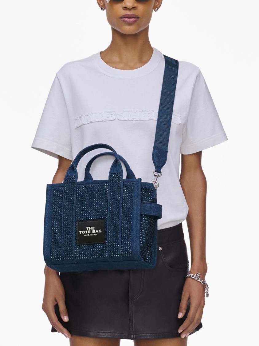 Marc Jacobs Textured Blue Cotton Tote Bag With Rhinestone Embellishments