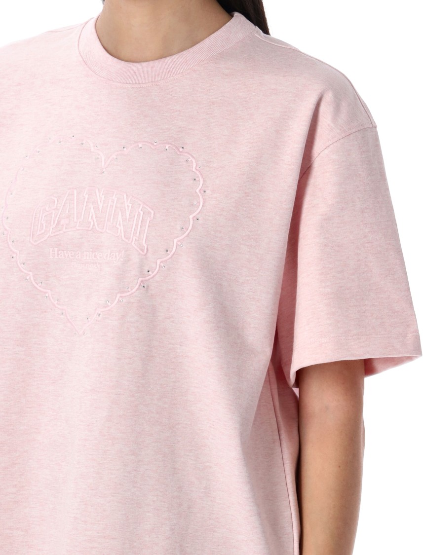 Shop Ganni Embroidered Heart Design Relaxed-fit T-shirt In Pink