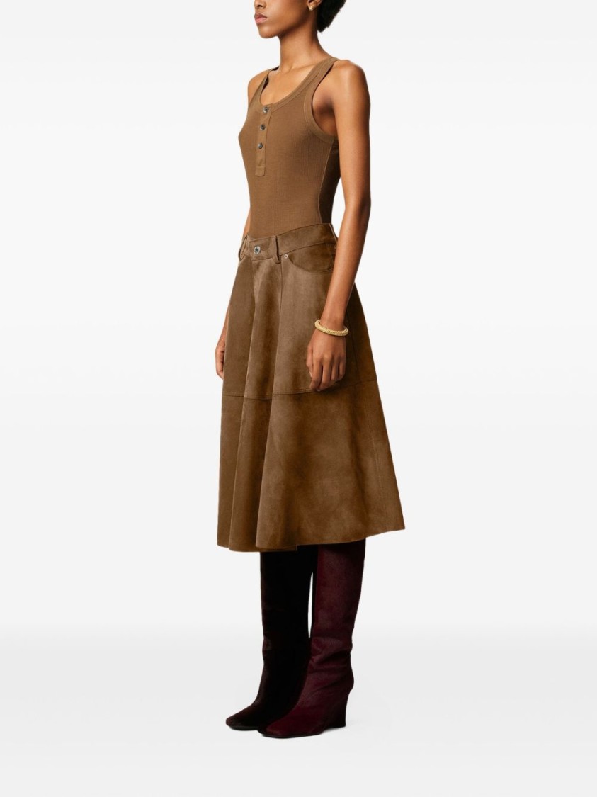Ami Alexandre Mattiussi Pleated Suede Midi Skirt In Brown