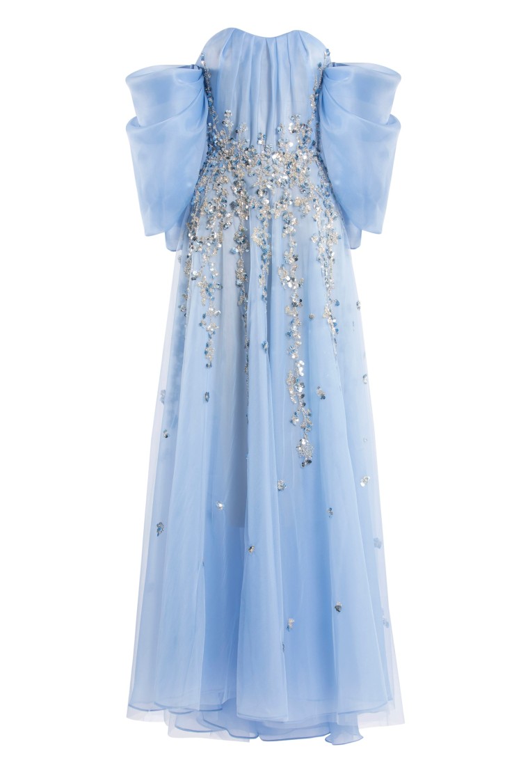 Saiid Kobeisy Organza Dress With Dotted Beading And Pleated Of-shoulder Sleeves In Multi