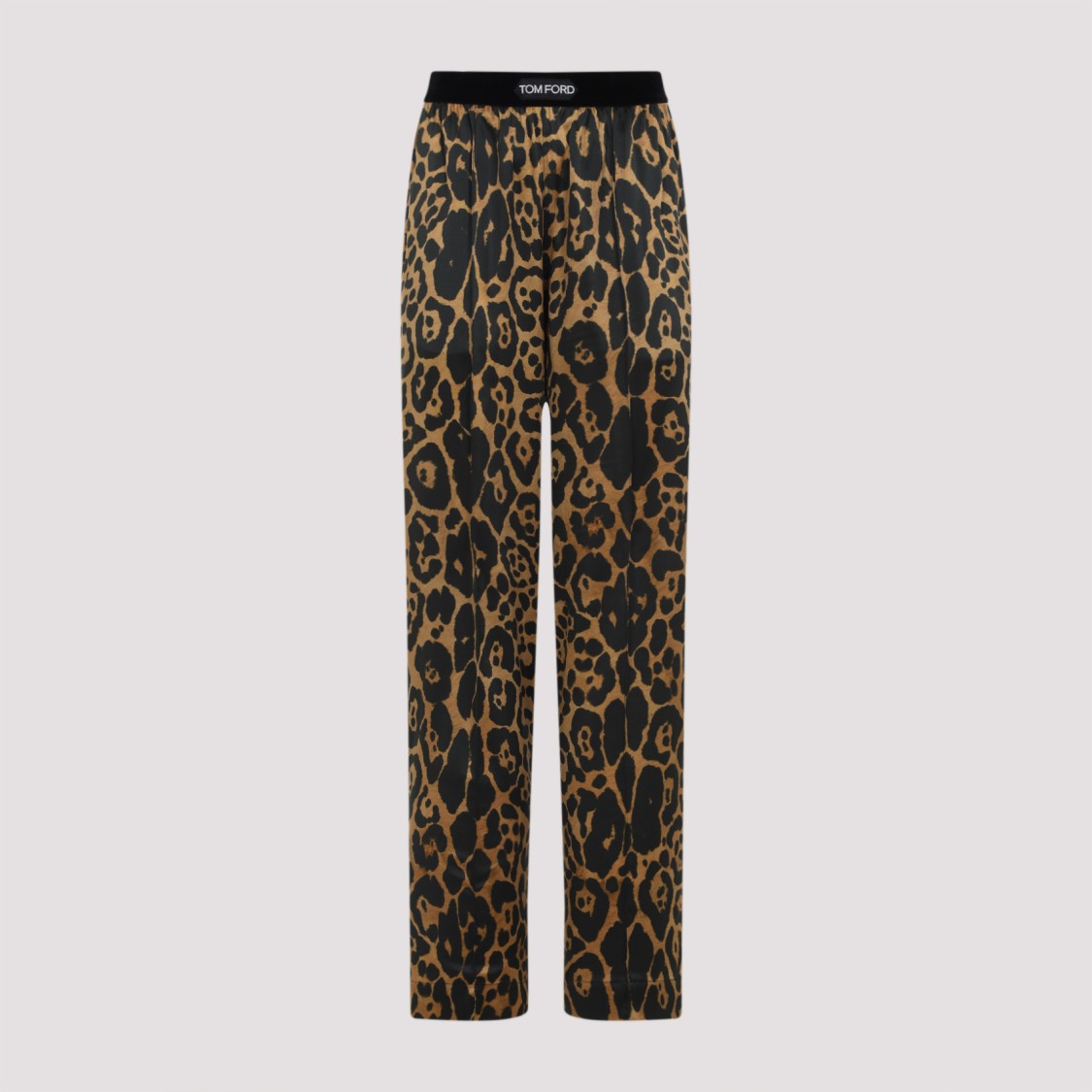 Tom Ford Camel Silk Blend Leopard Print Trousers In Black
