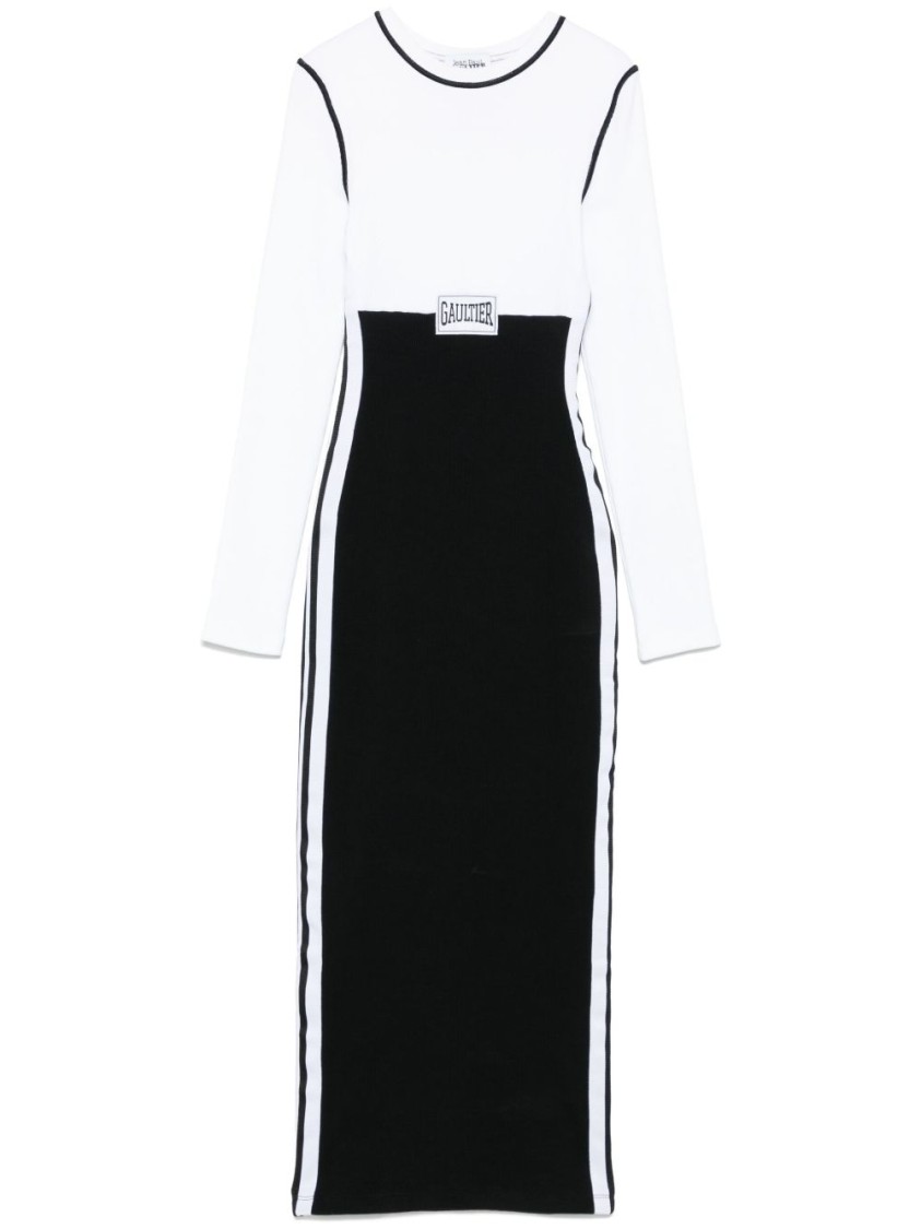 Jean Paul Gaultier Striking Black And White Color-block Midi Dress In Black
