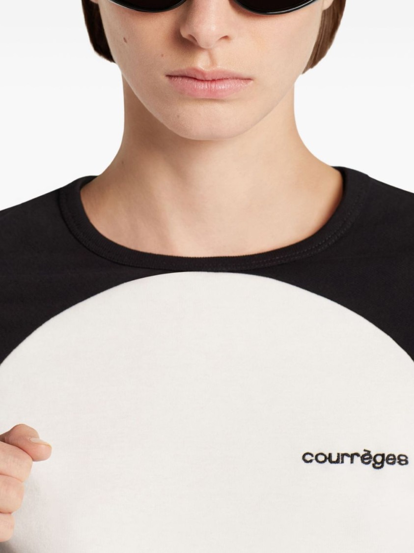 Courrèges Long-sleeved Contrast T-shirt With Rounded Hem And Logo Print In Multi