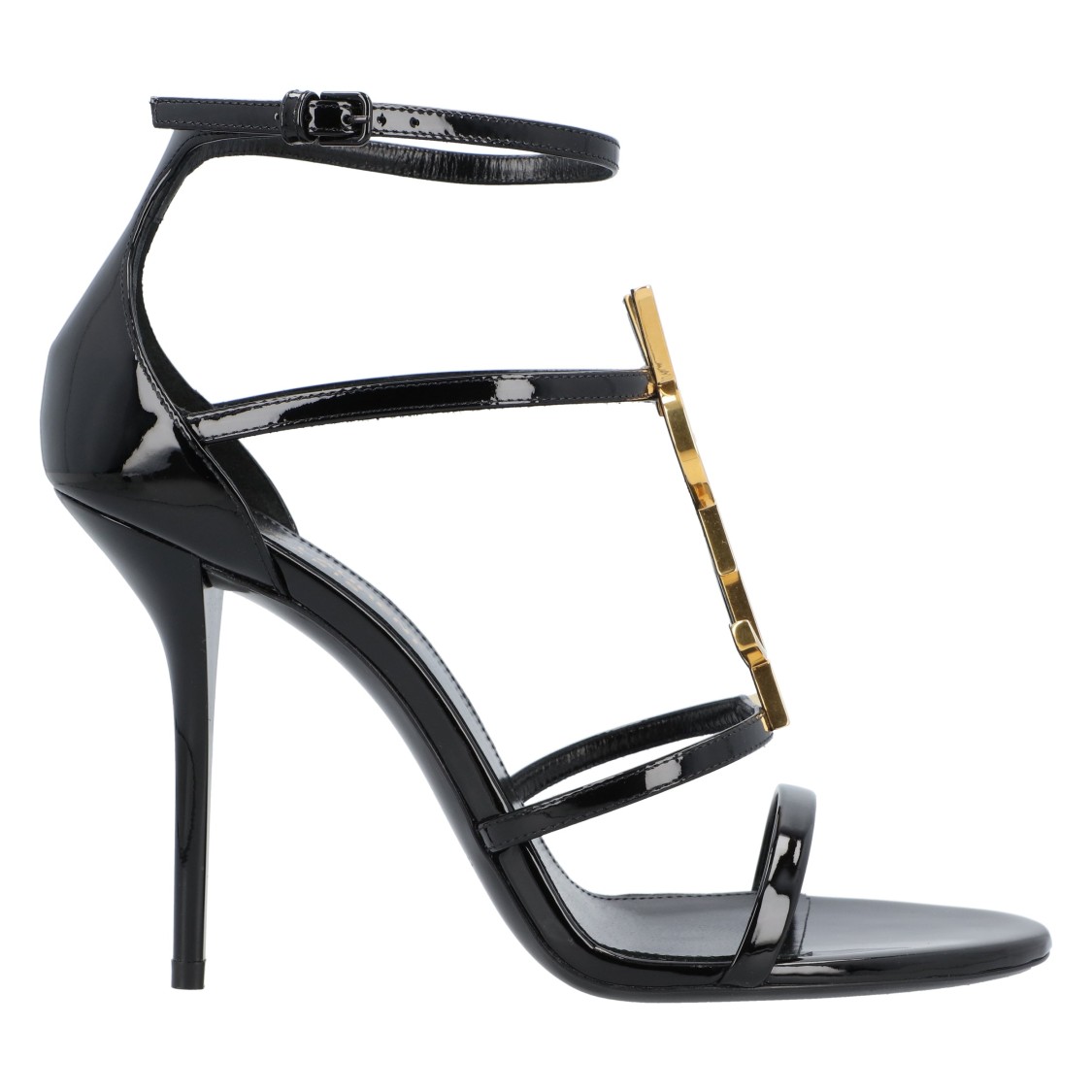 Saint Laurent Cassandra Sandals In Patent Leather With Gold-tone Monogram In Black