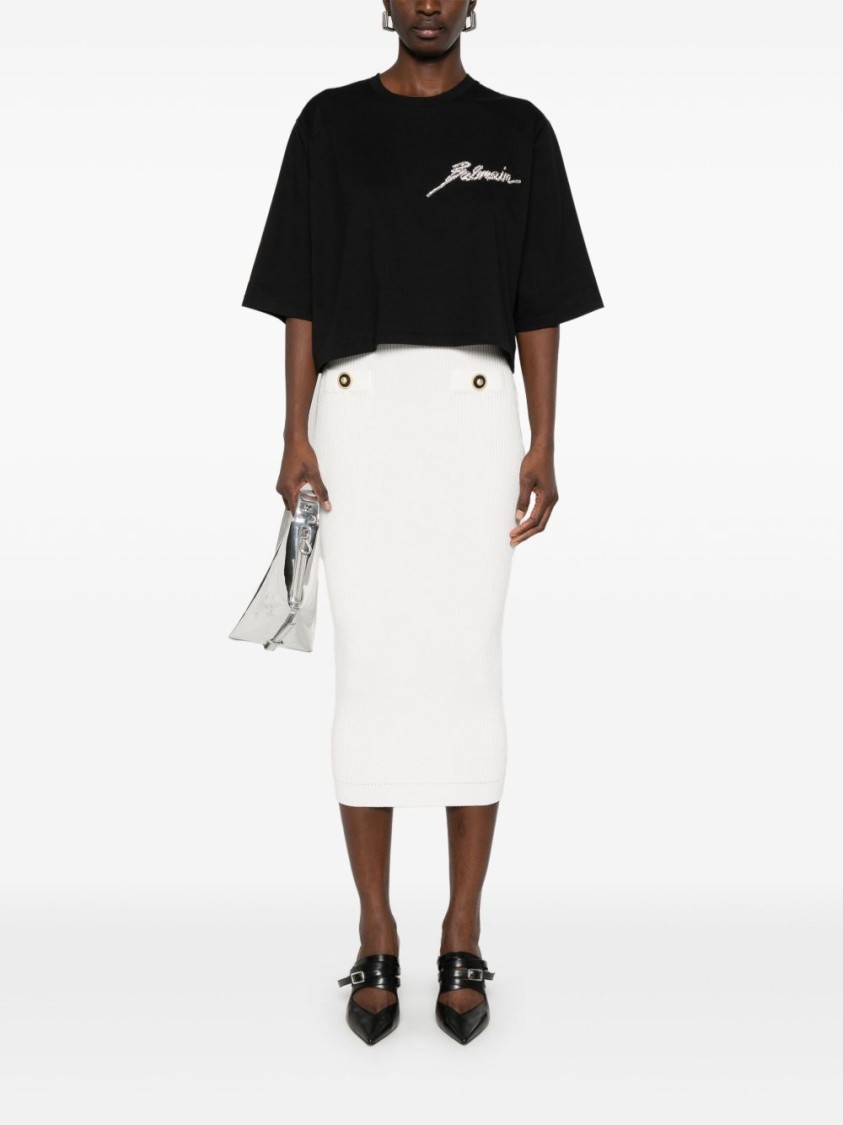 Balmain Ribbed White Midi Skirt In White
