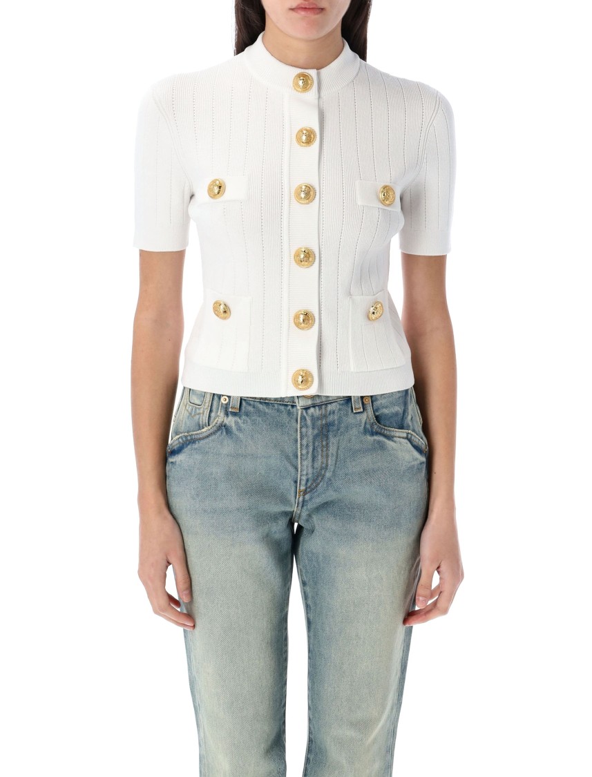 Balmain Short Sleeve Buttoned Pocket Knit Cardigan In White