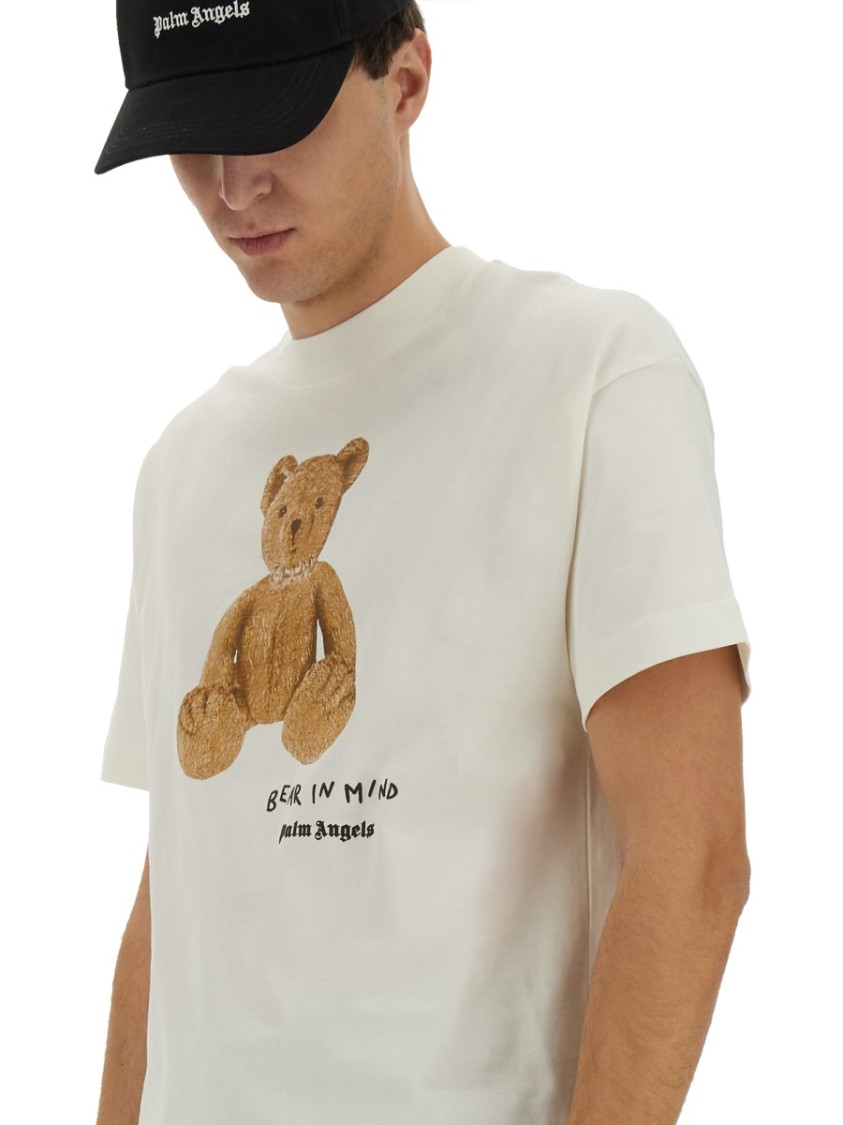 Palm Angels Bear In Mind White T-shirt With Bear Print And Logo Lettering On The Front In Cotton Man In White