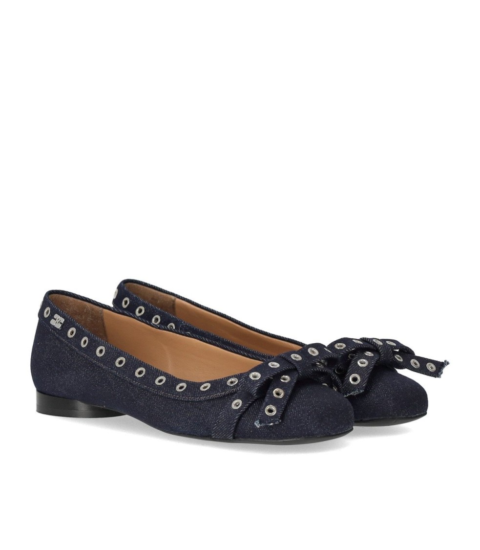 Shop Ganni Blue Denim Ballet Flat Shoe With Bows