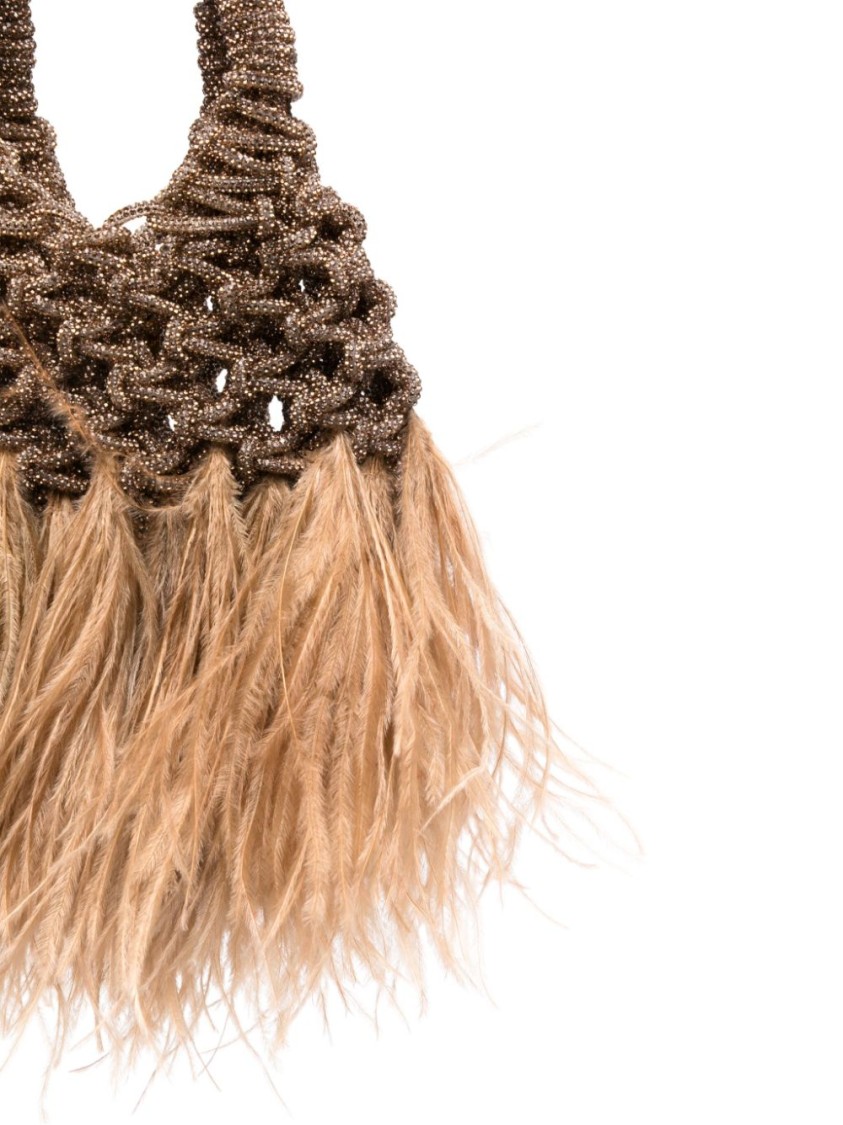 Shop Hibourama Mini Woven Bag With Feather And Crystal Detailing In Brown