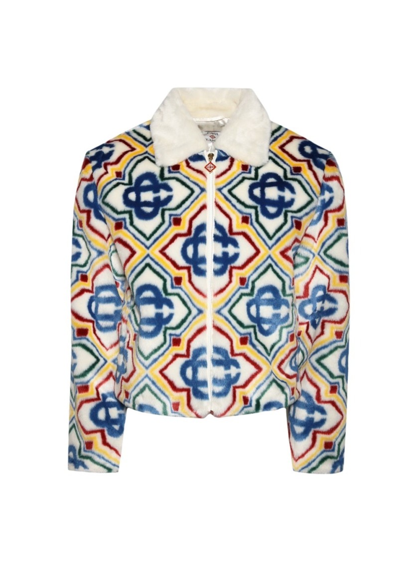 Casablanca Collared Faux Fur Jacket Olympic Diamond Monogram In Multicolor